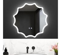 COSTWAY LED Bathroom Mirror, 600x600mm Waved Round Illuminated Wall Mounted Vanity Mirror with 3-Color Dimmable Lights and Smart Touch Switch, Anti-Fog Large Hanging Wall Makeup Mirror, IP54 Dustproof