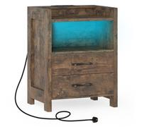Costway Led Bedside Table With 2 Drawers Sofa Side Table With Power Outlets-Brown