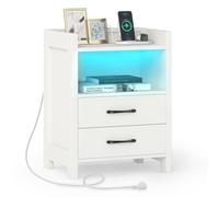 Costway Led Bedside Table With 2 Drawers Sofa Side Table With Power Outlets-White