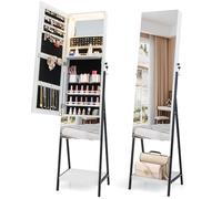 COSTWAY LED Lights Jewellery Cabinet, Freestanding Lockable Jewelry Armoire with Full Length Mirror, Large Storage and Drawer, Bedroom Makeup Cosmetics Jewellery Organiser Unit Gift (White)