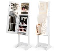 COSTWAY LED Mirror Jewellery Cabinet, Freestanding Lockable Jewelry Armoire with 3-Color Lighted Full Length Mirror, Touch Screen and Large Storage, 3-Angle Bedroom Jewellery Organiser (White)