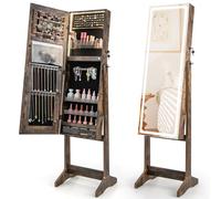 COSTWAY LED Mirror Jewellery Cabinet, Freestanding Lockable Jewelry Armoire with 3-Color Lighted Full Length Mirror, Touch Screen and Large Storage, 3-Angle Bedroom Jewellery Organiser (Rustic Brown)