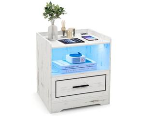 Costway Led Nightstand Smart Bedside Table Cabinet Side End Table W/ Usb Ports & Drawer
