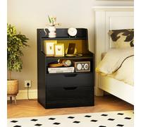 Costway Led Nightstand With Charging Station 2-Drawer Bedside Table-Black