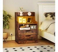 Costway Led Nightstand With Charging Station 2-Drawer Bedside Table-Brown