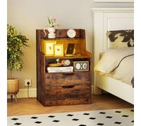 Costway LED Nightstand with Charging Station 2-Drawer Bedside Table in Brown COSTWAY Brown