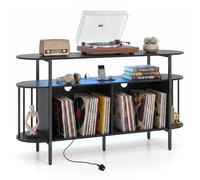 COSTWAY LED Record Player Stand with Charging Station (Black, 140cm) | RGB LED Light, Dividers, 3-Tier Large Albums Shelf Turntable Stand, Vinyl Record Storage Cabinet Holder for Music Living Room