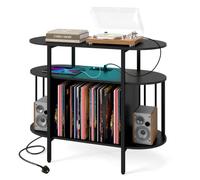 COSTWAY LED Record Player Stand with Charging Station (Black,90cm) | RGB LED Light, Dividers, 3-Tier Large Albums Shelf Turntable Stand, Vinyl Record Storage Cabinet Holder for Music Living Room