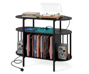COSTWAY LED Record Player Stand with Charging Station (Black,90cm) | RGB LED Light, Dividers, 3-Tier Large Albums Shelf Turntable Stand, Vinyl Record Storage Cabinet Holder for Music Living Room