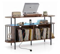 COSTWAY LED Record Player Stand with Charging Station (Rustic Brown,140cm) | RGB LED Light, Dividers, 3-Tier Large Albums Shelf Turntable Stand, Vinyl Record Storage Cabinet Holder for Music Living Room