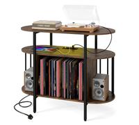 COSTWAY LED Record Player Stand with Charging Station (Rustic Brown,90cm) | RGB LED Light, Dividers, 3-Tier Large Albums Shelf Turntable Stand, Vinyl Record Storage Cabinet Holder for Music Living Room