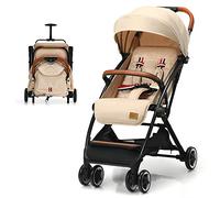 COSTWAY Lightweight Baby Stroller, One-Hand Foldable Infant Pushchair with 5-Point Harness, Adjustable Backrest/Footrest/Canopy, Compact Travel Buggy for 0-3 Years (Beige)