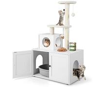 COSTWAY Litter Box Enclosure with Cat Tree, 2-in-1 Hidden Cats Washroom with Kitty Condo, Scratching Posts, Plush Perch, Indoor Cat House Cupboard