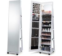 Costway Lockable Jewelry Cabinet Armoire with Built-in Makeup Mirror and 3-Color LED Lights-White