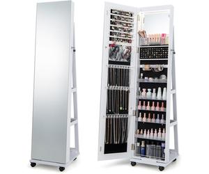 Costway Lockable Jewelry Cabinet Armoire with Built-in Makeup Mirror and 3-Color LED Lights-White