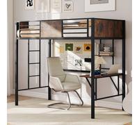 Costway Loft Bed Single Size w/ Desk & Shelf Metal Bedframe w/Safety Guardrail in Brown COSTWAY Brown