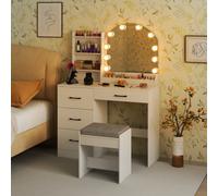 Costway Makeup Vanity Desk With Mirror And Lights Dressing Table & Stool Set, 100 X 40 X 140 Cm-White