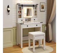 Costway Makeup Vanity Desk With Sliding Mirror & Lights Farmhouse Dressing Table And Stool Set White