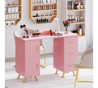 Costway Manicure Table Nail Desk Nail Tech Table Station with 8 Metal Legs in Pink COSTWAY Pink
