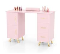 COSTWAY Manicure Table, Professional Nail Station Beauty Technician Desk with Wrist Rest, 3 Drawers and 2 Cabinets, 8 Metal Legs Art Spa Salon Workstation Nail Table (Pink)