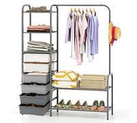 COSTWAY Metal Clothes Rail Stand, Heavy Duty Garment Rack with 6 Drawers, 3 Open Shelves, Shoe Racks, Hanging Rail and Hook, Freestanding Clothing Hanger Storage Organiser for Bedroom Closet Wardrobe