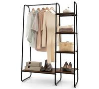 COSTWAY Metal Garment Rack, Freestanding Coat Clothes Rail Rack with 4-Tier Storage Shelves and Hanging Rod, Open Wardrobe Closet Clothing Storage Organizer for Bedroom Hallway (Black+Rustic Brown)
