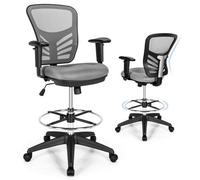 Costway Mid-Back Tall Drafting Chair Mesh Back Clerk Stool With Armrests-Grey