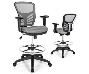 Costway Mid-Back Tall Drafting Chair Mesh Back Clerk Stool With Armrests-Grey