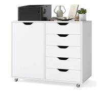 COSTWAY Mobile File Cabinet, 4/5 Drawers Lateral Stationery Storage Organiser Chest with Wheels and 1/2 Doors, Home Office Printer Stand Side Filing Cupboard (White-5 Drawers, 78 x 40 x 65cm)