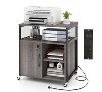 COSTWAY Mobile File Cabinet, Lateral Stationery Storage Cabinet with Charging Station and Cable Management Hole, Home Office Rolling Printer Stand Side Filing Cupboard Document Organiser Unit (Gray)