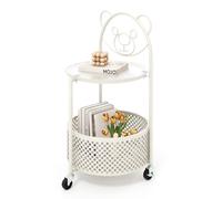Costway Mobile Glass Coffee Table 2-Tier Round End Table w/Bear Pattern in White COSTWAY White