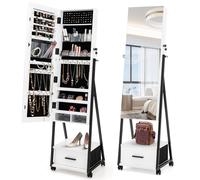 Costway Mobile Mirror Jewelry Cabinet Standing Makeup Organizer Jewelry Armoire w/ Lockable Door in White COSTWAY White