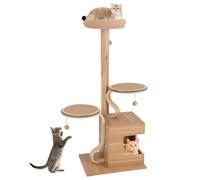 COSTWAY Modern Cat Tree, 129cm Tall Cats Climbing Tower with Solid Wood Post, Condo, Dangling Balls, Washable Cushions, Multi-Level Cat Activity Center for Indoor