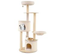 COSTWAY Modern Cat Tree, 152cm Wooden Cat Climbing Tower with 2 Condos, Sisal Scratching Posts & Pad, Hammock, Hanging Toy, Multi-Level Kitten Activity Center for Indoor Cats