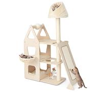 COSTWAY Modern Cat Tree, 156cm Tall Wooden Cats Tower with Scratching Rotatable Ball & Posts, Sisal Ramp, Hanging Basket, Large Kitten Activity Centre