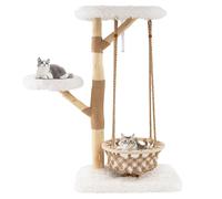 COSTWAY Modern Cat Tree, Cats Tower with Hammock Swing, Real Wood Branches, Jute Scratching Posts, 2 Perches, Kitty Activity Center for Indoor Cats (70 x 50 x 123cm)
