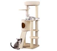 COSTWAY Modern Cat Tree, Wooden Cat Climbing Tower with Condo, Sisal Scratching Posts & Pad, Hanging Toy, Multi-Level Kitten Activity Center for Indoor Cats (143cm Tall)