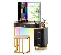 Costway Modern Dressing Table & Stool Set W/mirror Rgb Lights 7 Modes & Charging Station