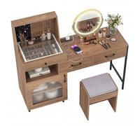 Costway Modern Makeup Vanity Table Set Dressing Desk w/Mirror & Lights & Stool in Natural COSTWAY Natural