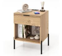Costway Modern Nightstand W/ Charging Station & Drawer Wooden Bedside Table Natural