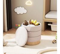 Costway Modern Round Storage Ottoman Upholstered Chenille Foot Stool W/ Lid in Beige COSTWAY Beige