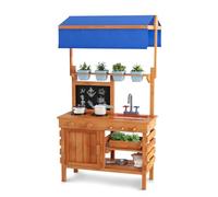 COSTWAY Mud Kitchen, Fir Wood Outdoor Kitchen Playset with Adjustable Canopy, Sink, 4 Pots, Chalkboard, Kids Potting Bench for Boys Girls Ages 3+