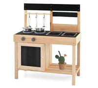 Costway Mud Kitchen Fir Wood Outdoor Play Kitchen With 2 Removable Sinks-Natural