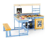 Costway Mud Kitchen Fir Wood Play Kitchen With Kids Picnic Table-Blue
