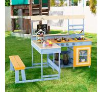 Costway Mud Kitchen Fir Wood Play Kitchen with Kids Picnic Table in Blue COSTWAY Blue