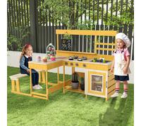 Costway Mud Kitchen Fir Wood Play Kitchen with Kids Picnic Table in Natural COSTWAY Natural