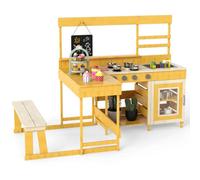 Costway Mud Kitchen Fir Wood Play Kitchen With Kids Picnic Table-Natural