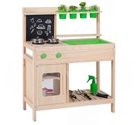 COSTWAY Mud Kitchen, Outdoor Kids Play Kitchen with Chalkboard, Stoves, Sink, Cooking Utensils, Flowerpots, Rotation Knobs & Cabinet, Wooden Chef Pretend Kitchen Playset for Boys Girls Ages 3+