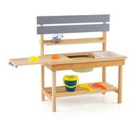 COSTWAY Mud Kitchen, Outdoor Kids Play Kitchen with Extended Tabletop, Sink, Faucet, Accessories & Storage Shelves, Wooden Chef Pretend Kitchen Playset for Boys Girls Ages 3+