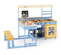 COSTWAY Mud Kitchen, Outdoor Kids Play Kitchen with Picnic Table Bench Set, Blackboard, Dessert Accessories and Kitchenware, Wooden Toddler Kitchen Playset for Backyard, Garden, Lawn (Blue+Yellow)